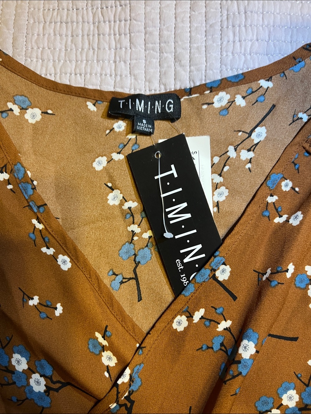 Timing Brown Floral Wrap Blouse with Blue Accents - Picture 2 of 5